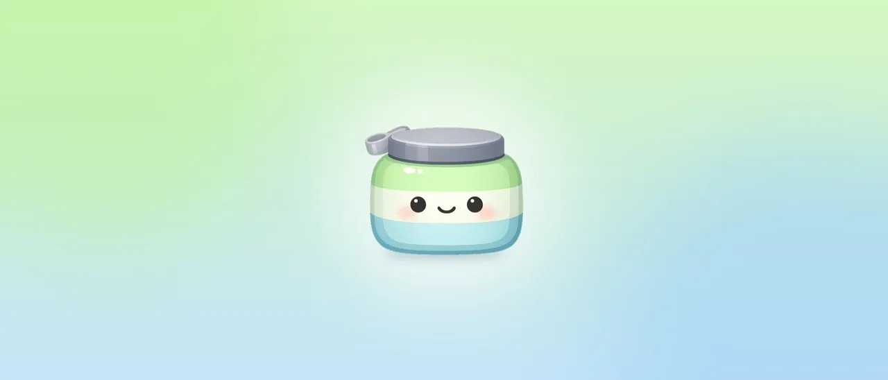 Creatinely's smiling creatine tub mascot on a green and blue background