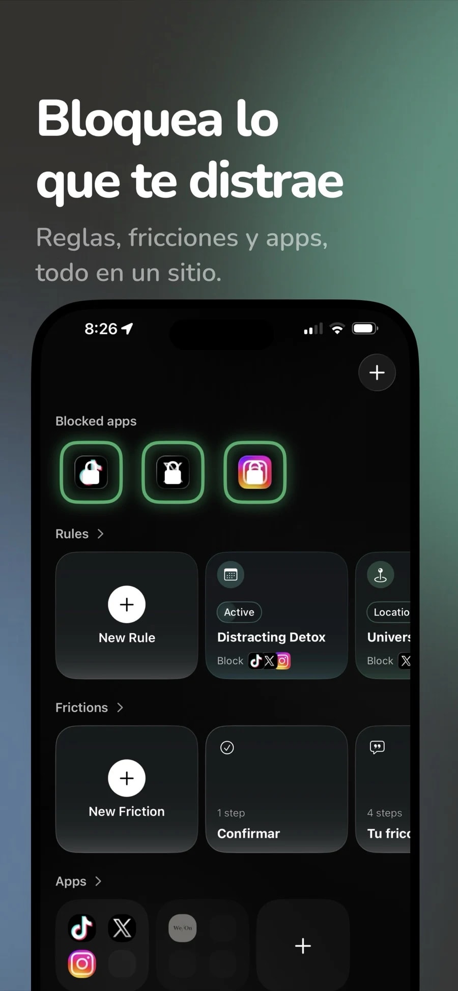 Pantalla de LockTy con apps bloqueadas, reglas como un detox por horario o una regla por ubicación, y fricciones