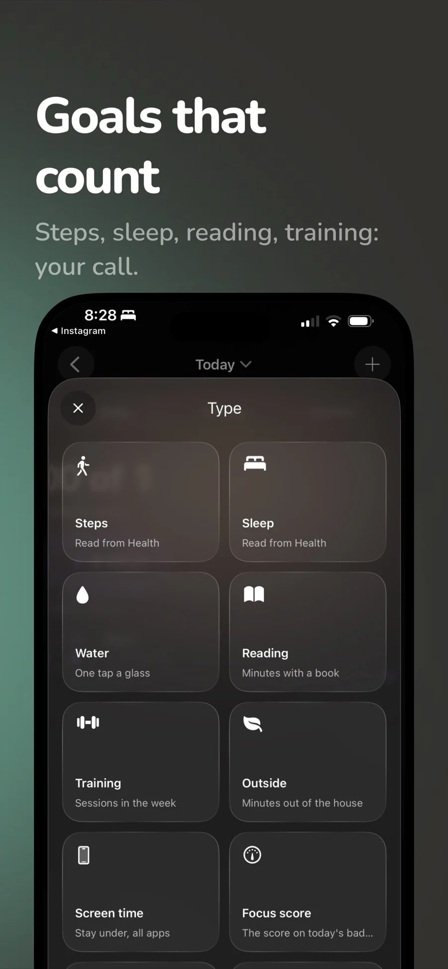 LockTy daily goals screen with steps, sleep, water, reading and workout goals