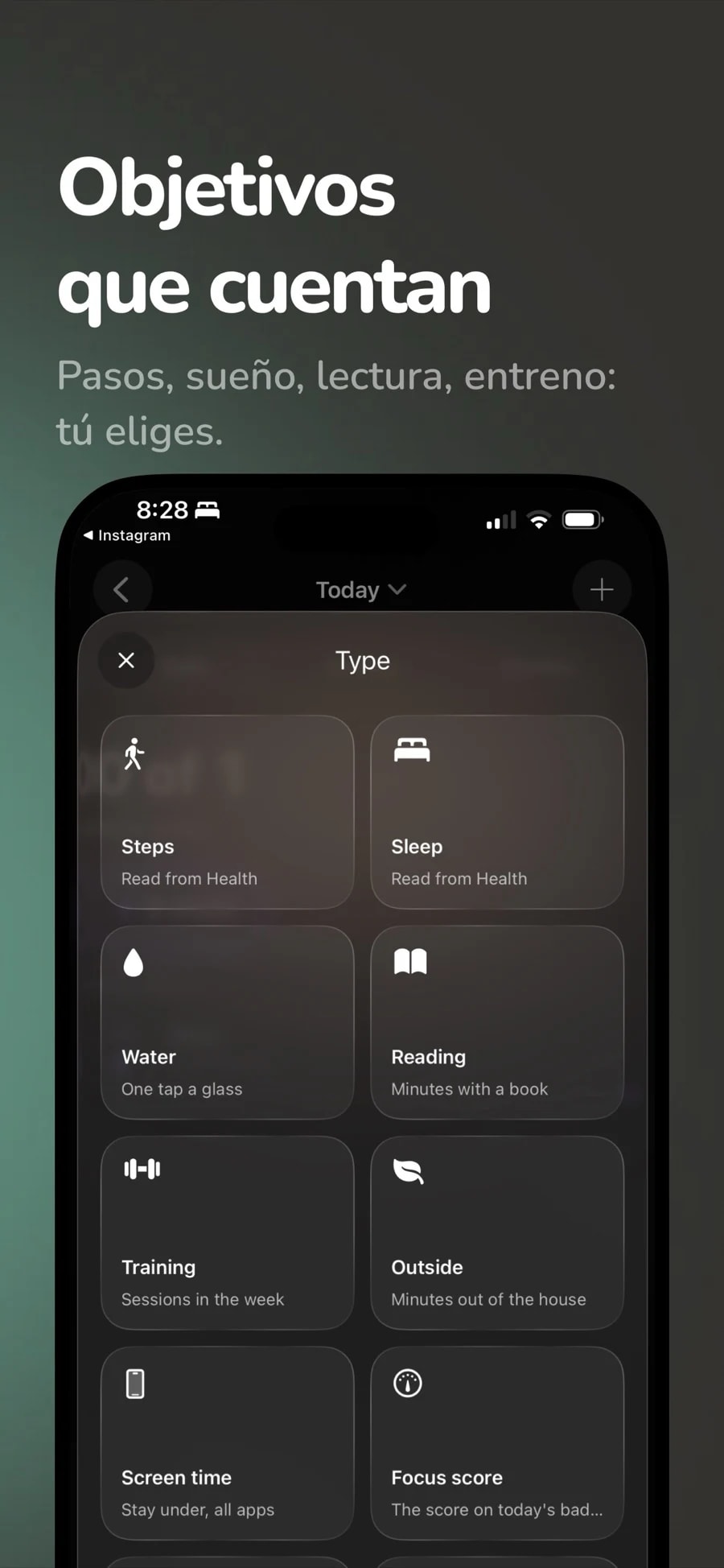 Selector de objetivos de LockTy con pasos y sueño leídos de Salud, agua, lectura, entreno, tiempo fuera, tiempo de pantalla y focus score