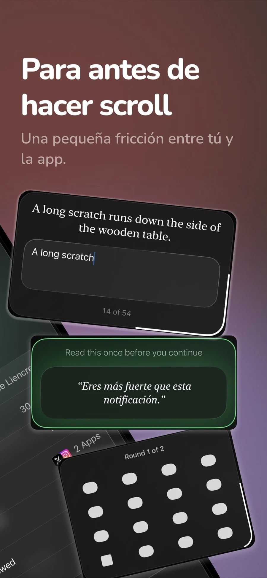 Pantalla de LockTy con un paso de fricción antes de abrir una app de scroll: copiar una frase, un recordatorio para leer y un juego de toques