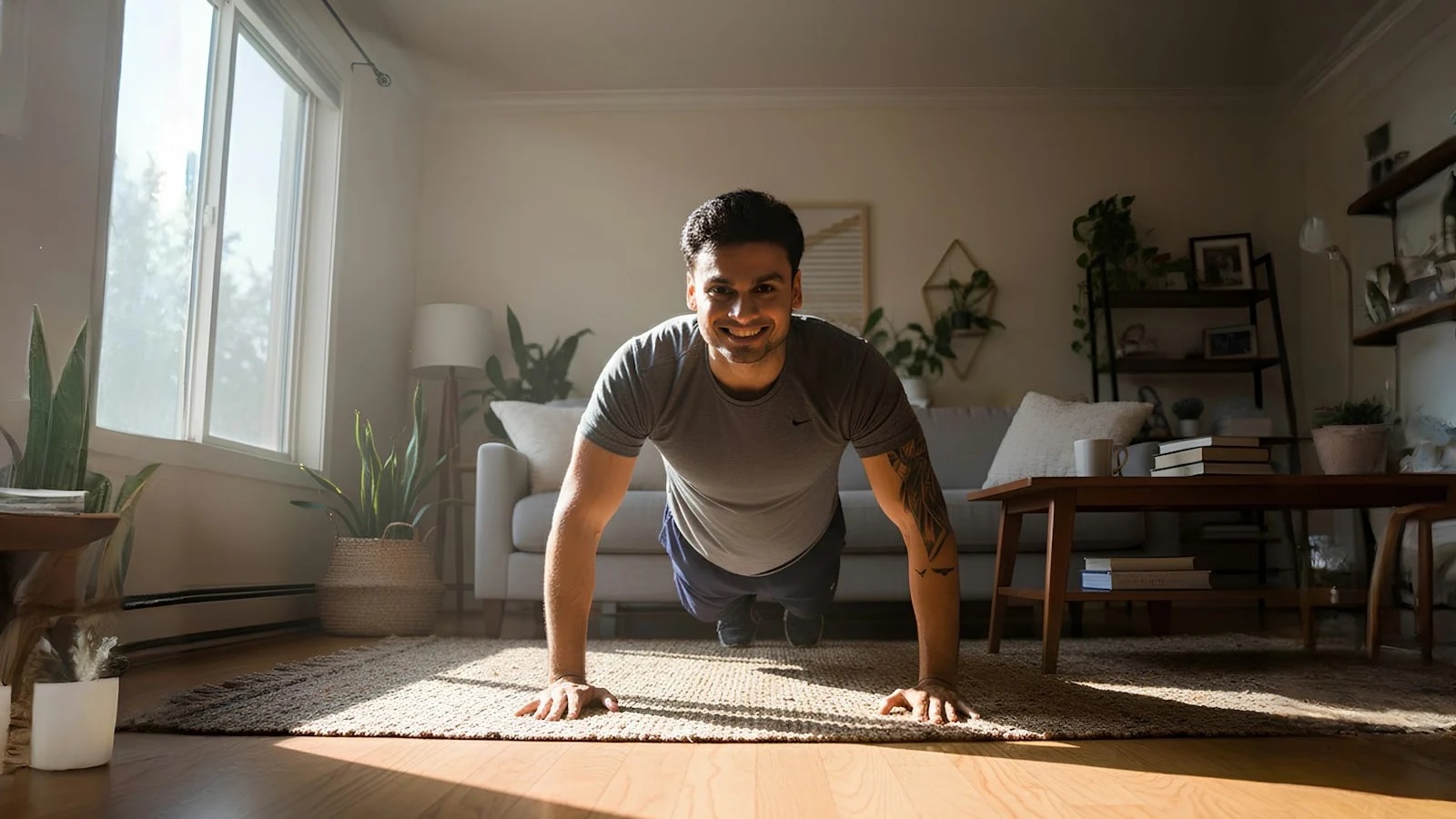 A man doing push-ups on a rug in a sunlit living room