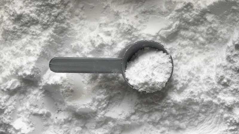 A grey scoop filled with white creatine powder resting on a bed of more powder