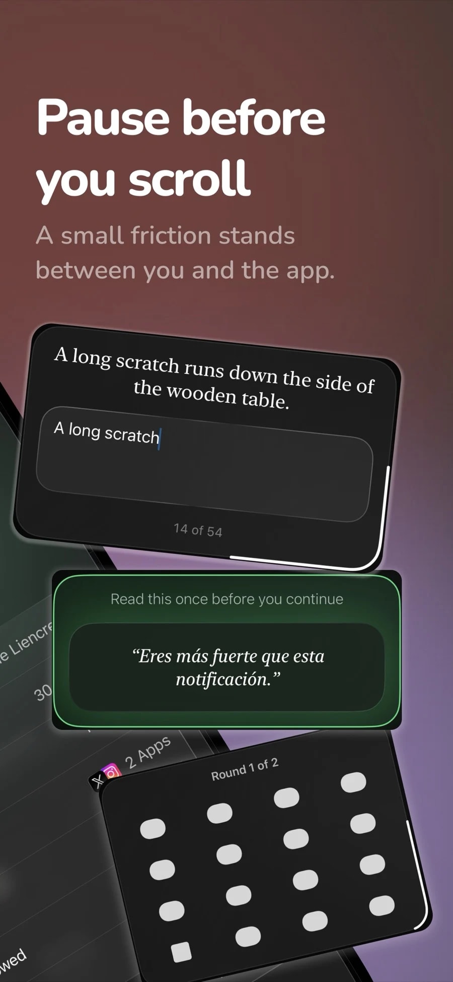LockTy screen with a short friction step before opening a scroll app: retyping a sentence, a reminder to read and a tapping game