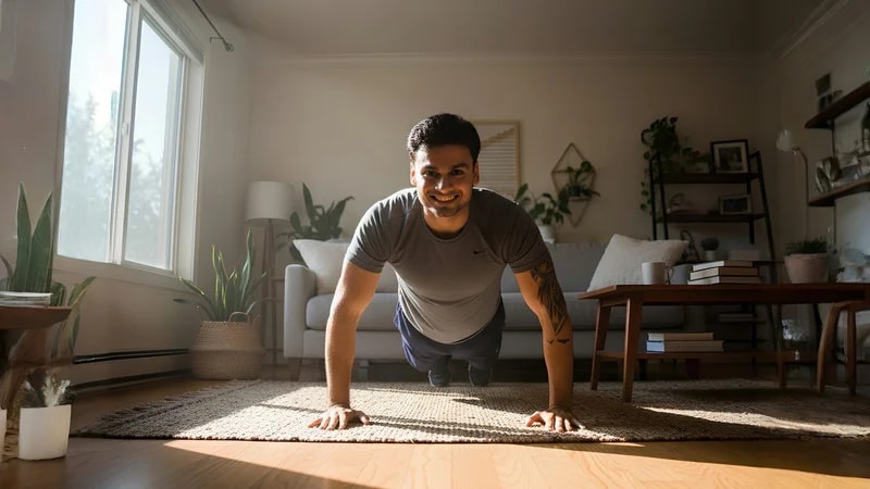 A man doing push-ups on a rug in a sunlit living room